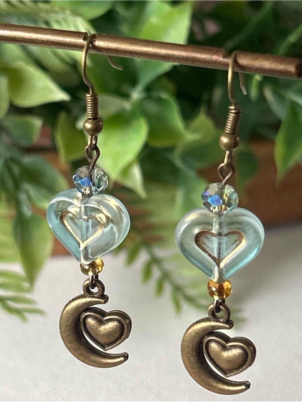 Handmade Blue Heart & Moon Drop Earrings